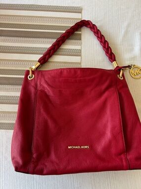 Michael Kors Braided-Handle Red Leather Shoulder Bag with Gold Hardware